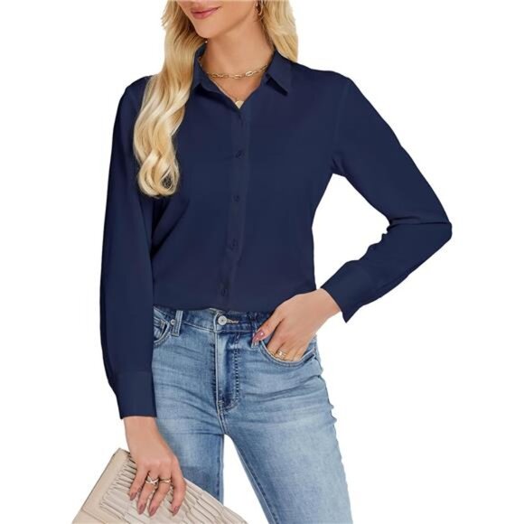Women's Button Down Shirts, Chiffon Top Navy Blue - Picture 1 of 5